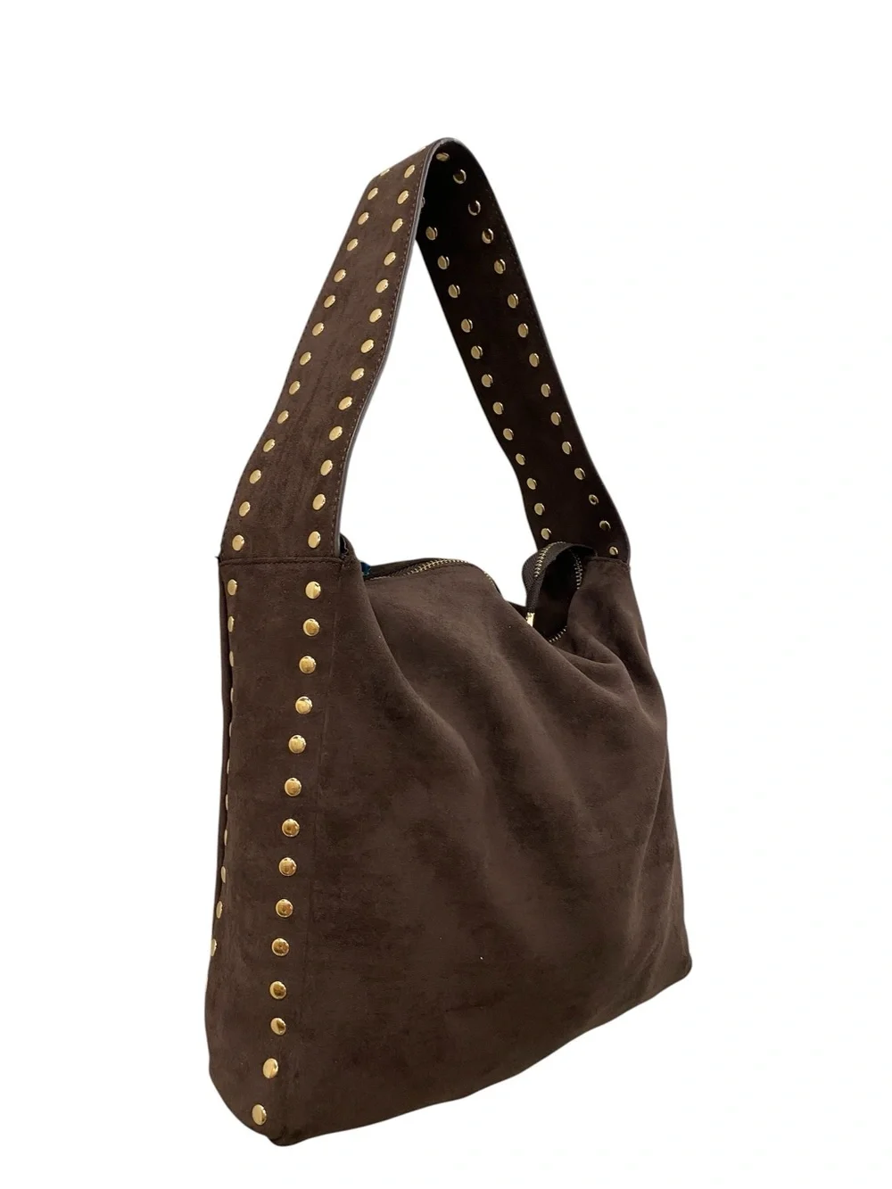 Dark Brown Suede Studded Hobo Shoulder Bag